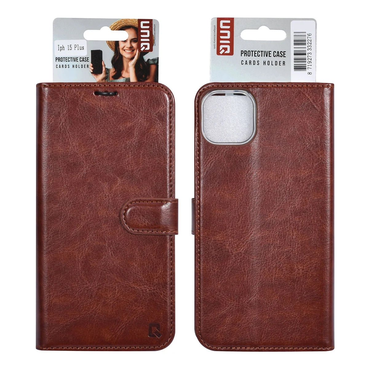 Tuniq iPhone 15 Plus / 14 Plus - Θήκη Πορτοφόλι Stand από Δερματίνη - Καφέ