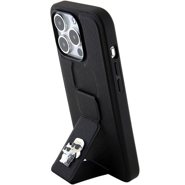 Karl Lagerfeld iPhone 15 Pro - Gripstand Saffiano Karl and Choupette Pin Σκληρή Θήκη με Επένδυση Συνθετικού Δέρματος και Stand - Black - KLHCP15LGSAKCPK