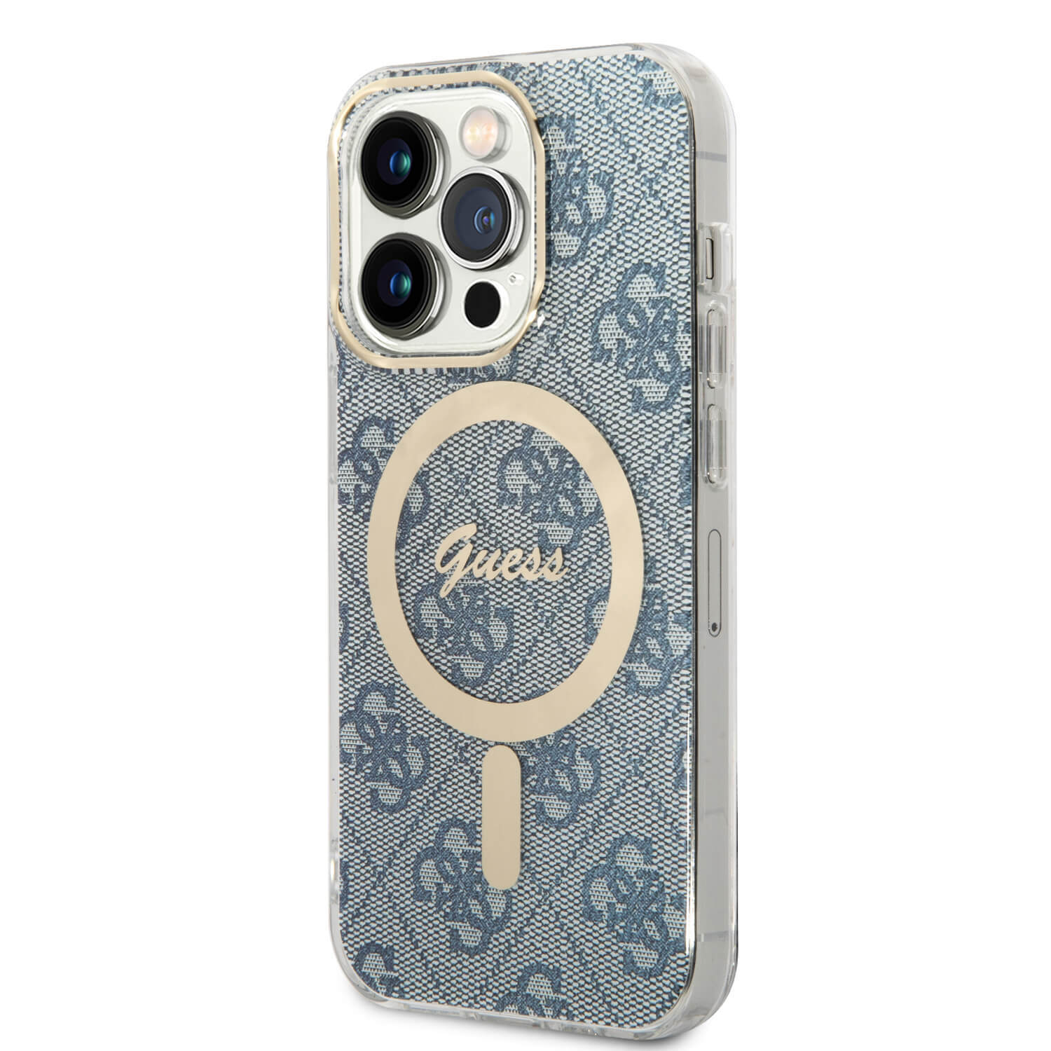 Guess iPhone 14 Pro - Bundle Pack MagSafe - Σετ Σκληρή Θήκη με Πλαίσιο Σιλικόνης και Ασύρματος Φορτιστής MagSafe - Design 4G and Gold - Blue - GUBPP14LH4EACSB