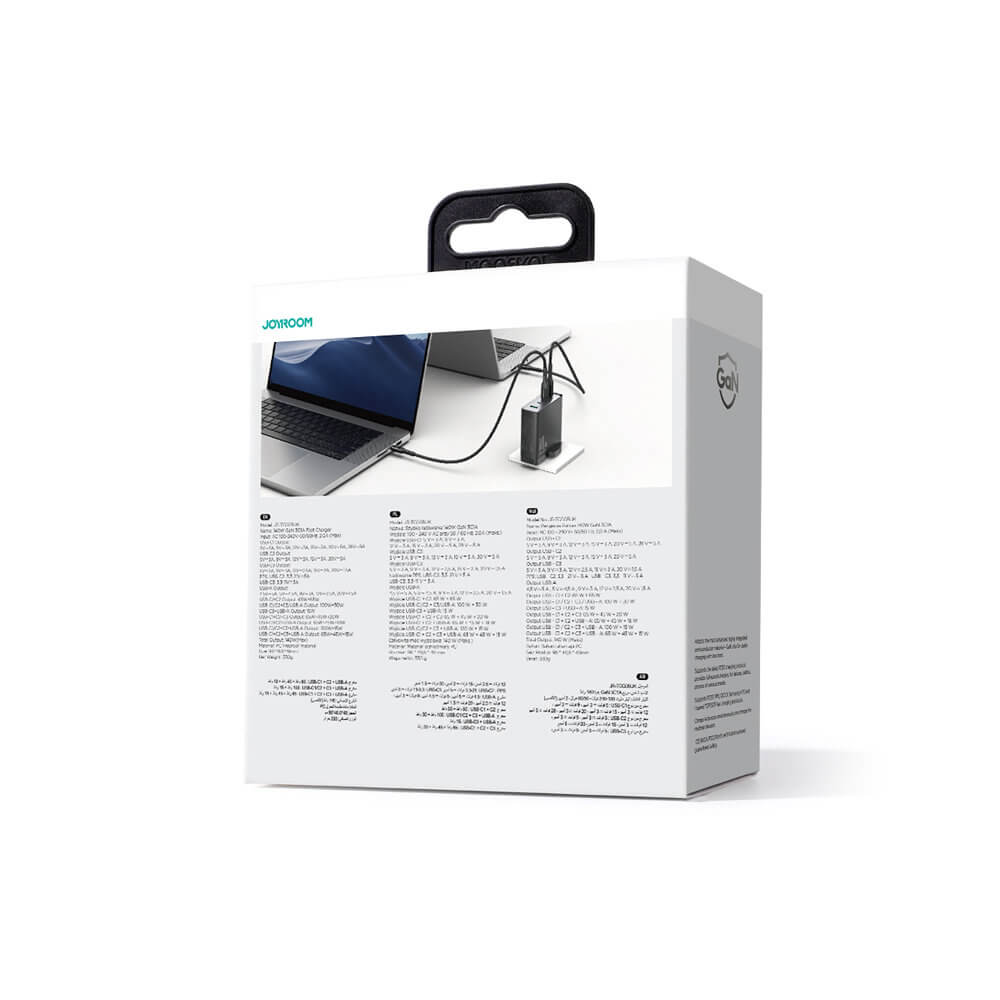 JOYROOM JR - TCG05EU GAN 140W Οικιακός Φορτιστής Γρήγορης Φόρτισης με 3 Θύρες Type - C και 1 Θύρα USB και Καλώδιο Type - C to Type - C - Black