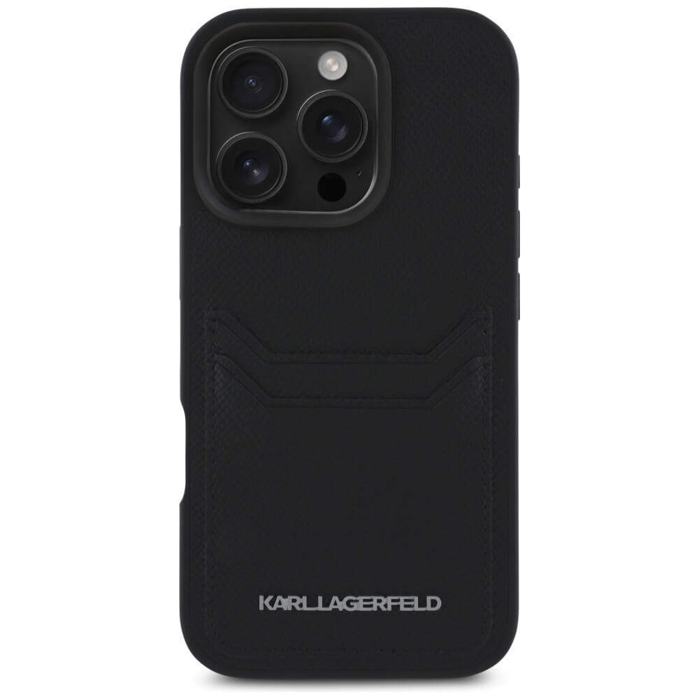 Karl Lagerfeld iPhone 16 Pro - HC Grained PU Cardslot Metal Elong - Σκληρή Θήκη με Επένδυση Συνθετικού Δέρματος και Υποδοχή για Κάρτες - Black - KLHCP16LPKHPORPK