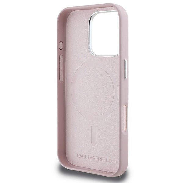 Karl Lagerfeld iPhone 16 Pro - FW Metal Plate MagSafe Σκληρή Θήκη με Επένδυση Συνθετικού Δέρματος - Pink - KLHMP16LPGMSRPP