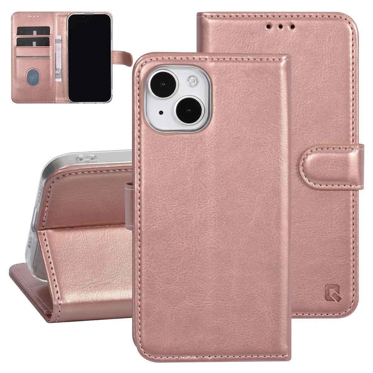 Tuniq iPhone 15 - Θήκη Πορτοφόλι Stand από Δερματίνη - Rose Gold