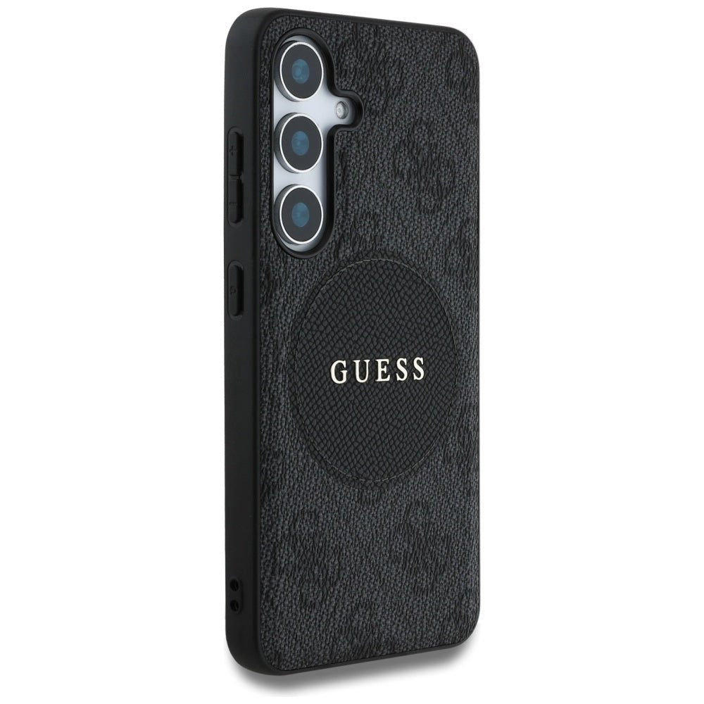 Guess Samsung Galaxy S25 - 4G Round Patch Classic Logo - Θήκη με Επένδυση Συνθετικού Δέρματος και MagSafe - Black - GUHMS25SP4PGRSGK