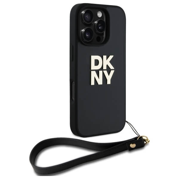 DKNY iPhone 16 Pro Max - Wrist Strap Stock Logo - Σκληρή Θήκη με Επένδυση Συνθετικού Δέρματος με Λουράκι - Black