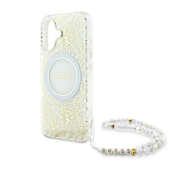Guess iPhone 16 - IML Flowers Allover Electro With Pearl Strap MagSafe Σκληρή Θήκη με Πλαίσιο Σιλικόνης και Λουράκι - White / Διάφανη - GUHMP16SHCPOFPH