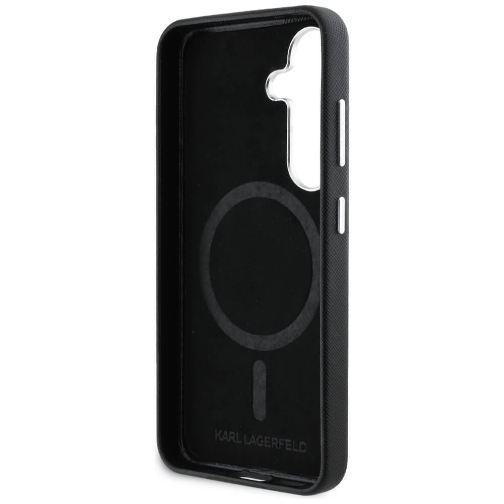 Karl Lagerfeld Samsung Galaxy S25 - Saffiano Full Wrapped Elongated Metal Logo - MagSafe Σκληρή Θήκη με Επένδυση Συνθετικού Δέρματος και Πλαίσιο Σιλικόνης - Black - KLHMS25SPSAFWMCK
