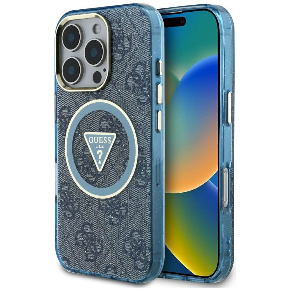 Guess iPhone 16 Pro Max - IML Metal Glitter 4G Circle Triangle MagSafe - Σκληρή Θήκη με Πλαίσιο Σιλικόνης και MagSafe - Blue - GUHMP16XHG4PRTGB