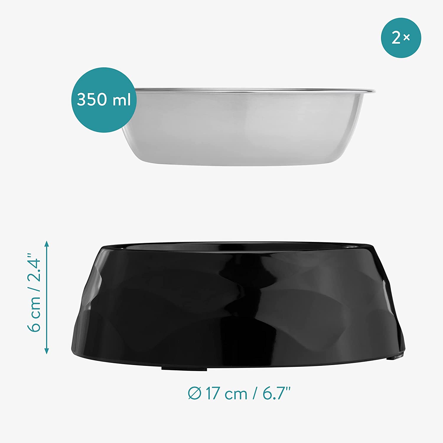 Navaris Σετ με 2 Ανοξείδωτα Αντιολισθητικά Μπολ Φαγητού και Νερού για Κατοικίδια - 350 ml - ‎Black / Silver - 57479.01