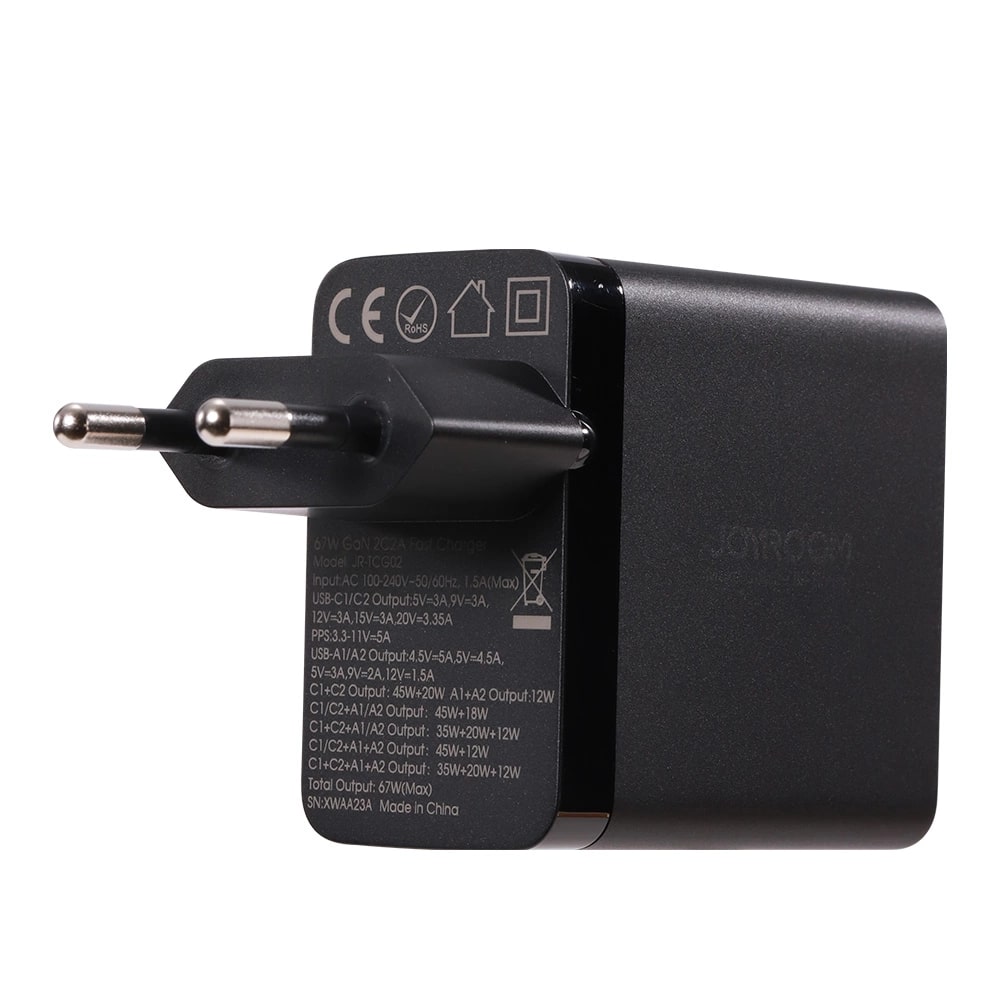 JOYROOM JR - TCG02 GAN 67W Οικιακός Φορτιστής Γρήγορης Φόρτισης με 2 Θύρες Type - C και 2 Θύρες USB και Καλώδιο Type - C to Type - C 100W - Black