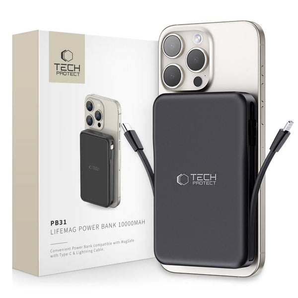 Tech - Protect PB31 Lifemag Ασύρματο MagSafe PowerBank Κινητού 10000 mAh με Ενσωματωμένο Καλώδιο Type - C και Lightning - Black