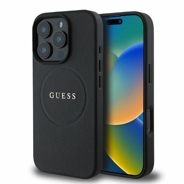 Guess iPhone 16 Pro - Grained Gold Ring - MagSafe Σκληρή Θήκη από Οικολογικό Δέρμα - Black - GUHMP16LPGHSMMK
