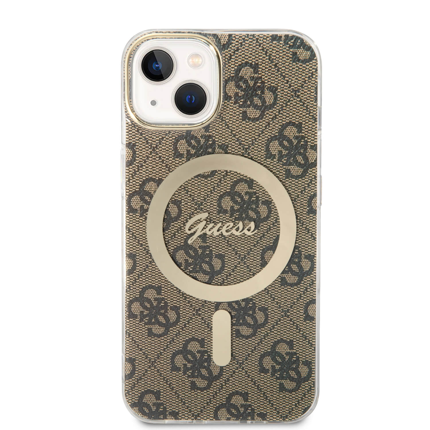 Guess iPhone 15 / 14 / 13 - Bundle Pack - Σετ Σκληρή Θήκη με Πλαίσιο Σιλικόνης και Ασύρματος Φορτιστής MagSafe - Design 4G Print MagSafe - Brown - GUBPP14SH4EACSW