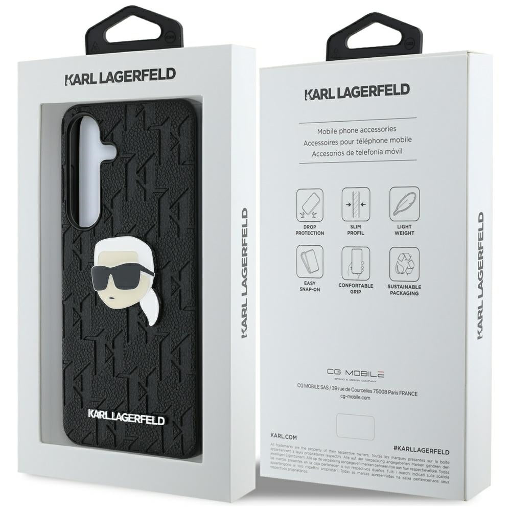Karl Lagerfeld Samsung Galaxy S25 - Monogram Karl Head Pin - Σκληρή Θήκη με Επένδυση Συνθετικού Δέρματος - Black - KLHCS25SPGKLKIPK
