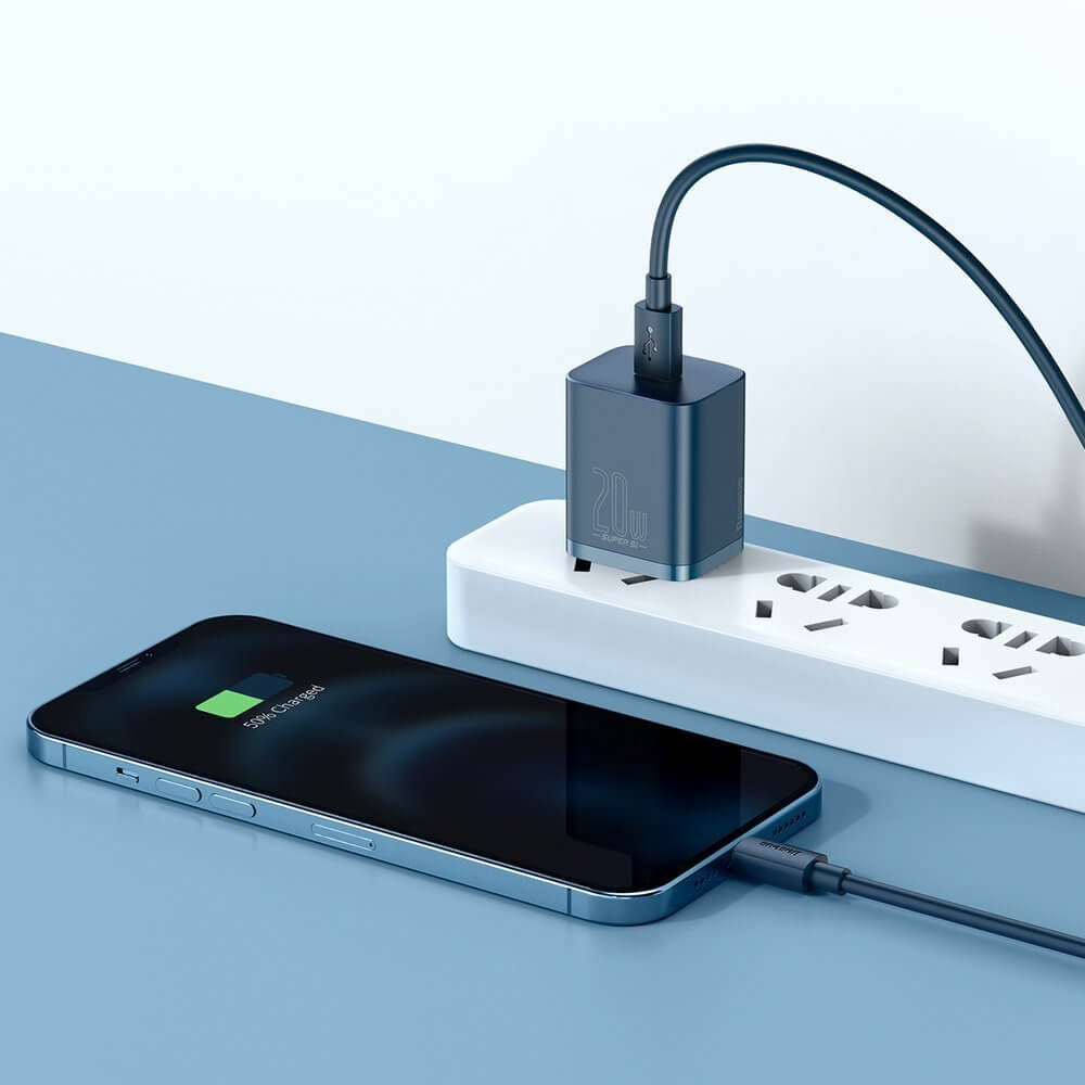 Baseus Super Si 1C PD 20W Οικιακός Φορτιστής με Θύρα Type - C και Καλώδιο Type C to Lightning - Blue - TZCCSUP - B03