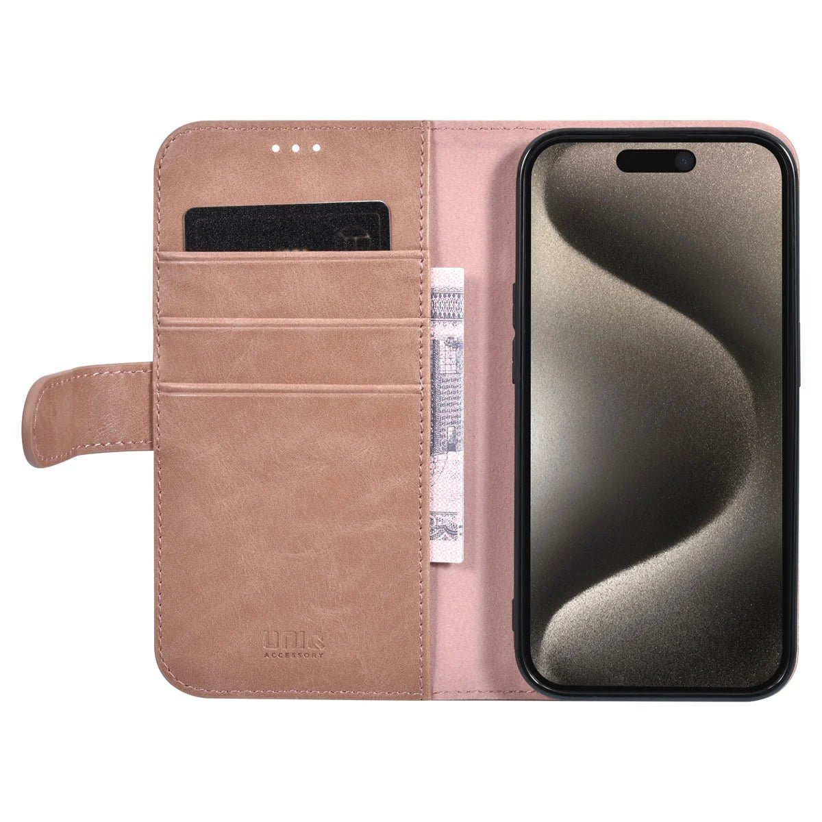 Tuniq iPhone 15 Pro - Θήκη Πορτοφόλι από Δερματίνη με Stand - Ροζ