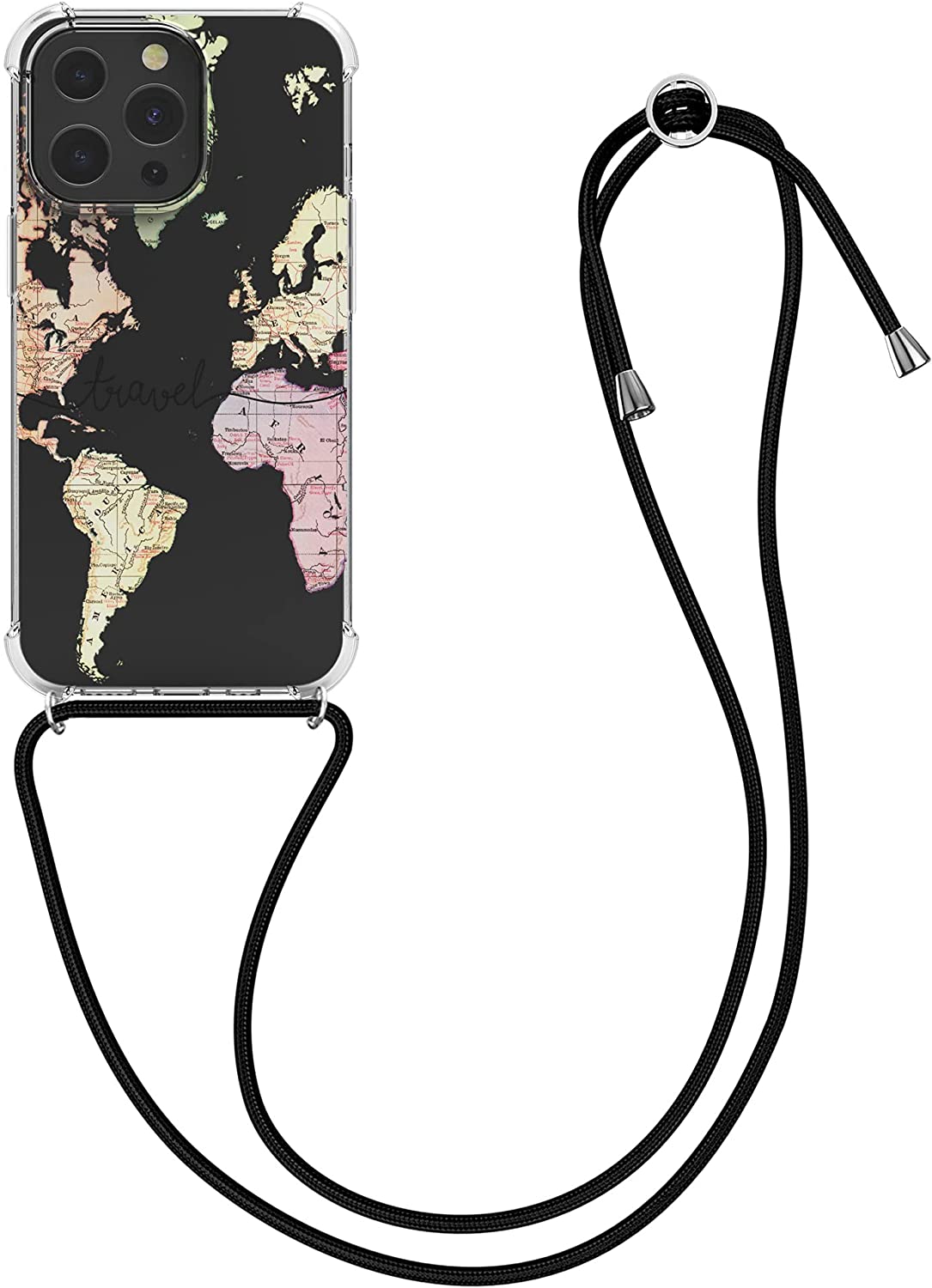 KW iPhone 13 Pro Θήκη Σιλικόνης TPU με Λουράκι Design Travel - Διάφανη / Black / Multicolor - 55965.01