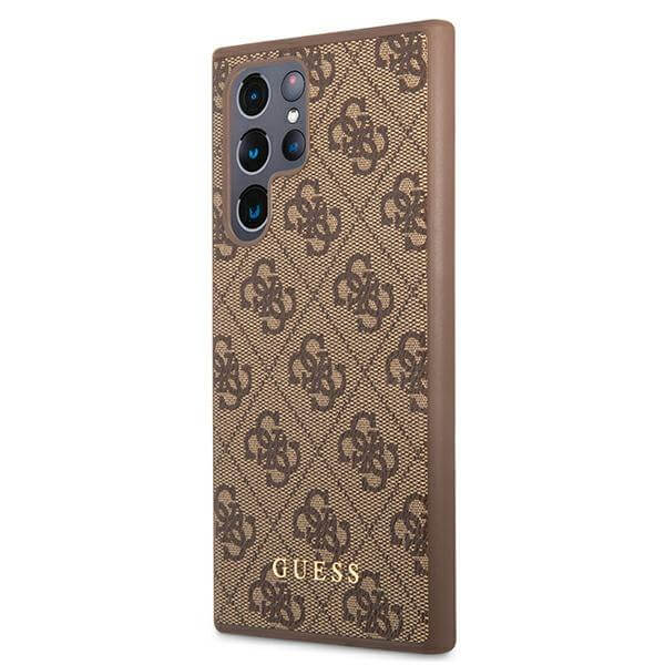 Guess Samsung Galaxy S22 Ultra - 4G Metal Gold Logo Σκληρή Θήκη με Επένδυση Συνθετικού Δέρματος - Brown - GUHCS22LG4GFBR