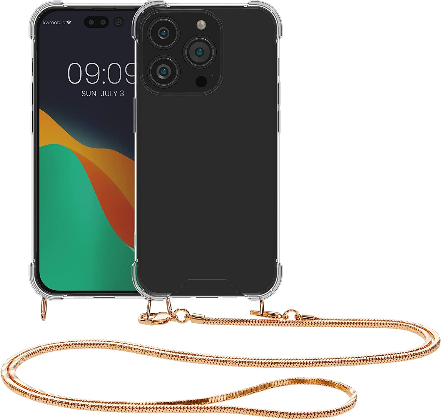 KW iPhone 14 Pro Θήκη Σιλικόνης TPU με Μεταλλικό Λουράκι - Διάφανη / Rose Gold - 59104.81