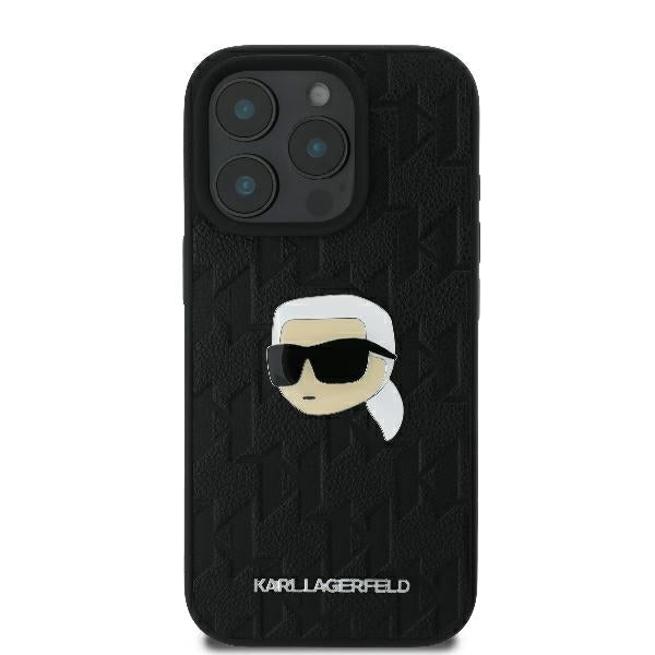 Karl Lagerfeld iPhone 16 Pro - Monogram Karl Head Pin Σκληρή Θήκη με Επένδυση Συνθετικού Δέρματος - Black - KLHCP16LPGKLKIPK
