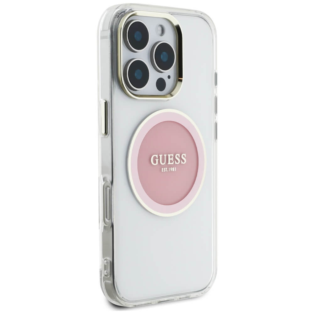 Guess iPhone 16 Pro Max IML Metal Colored Circle Classic Logo MagSafe Σκληρή Θήκη με Πλαίσιο Σιλικόνης και MagSafe - Pink - GUHMP16XHTDRCEDP