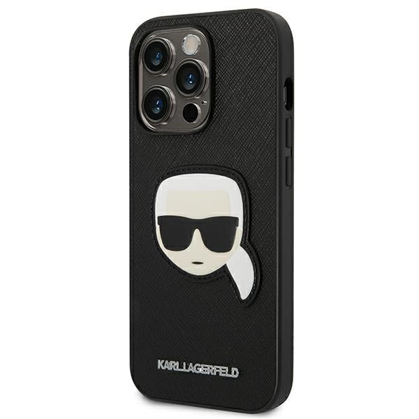 Karl Lagerfeld iPhone 14 Pro - Saffiano Karl's Head Patch Σκληρή Θήκη με Επένδυση Συνθετικού Δέρματος και Πλαίσιο Σιλικόνης - Black - KLHCP14LSAPKHK