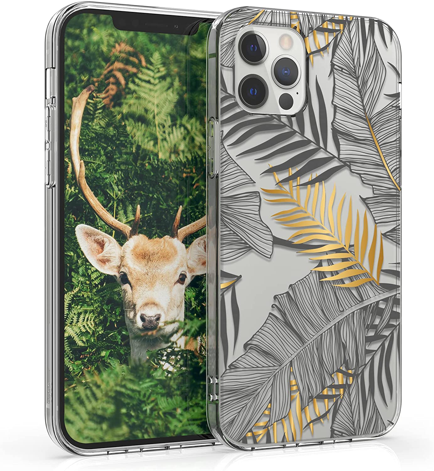 KW iPhone 12 / iPhone 12 Pro Θήκη Σιλικόνης TPU Design Palm Leaves - Διάφανη / Gold / Grey - 53035.14