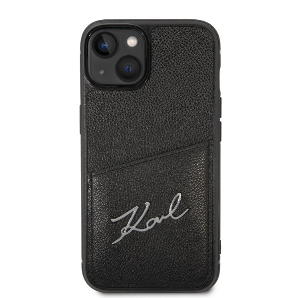 Karl Lagerfeld iPhone 14 - Signature Logo Σκληρή Θήκη με Επένδυση Συνθετικού Δέρματος και Πλαίσιο Σιλικόνης - Black - KLHCP14SCSSK
