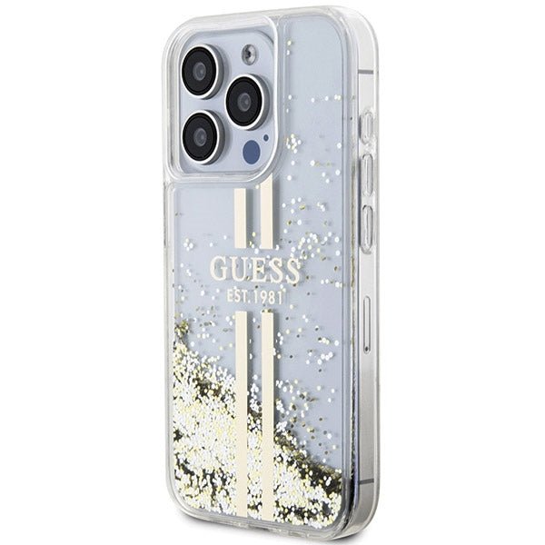 Guess iPhone 15 Pro Max Liquid Glitter Gold Stripes Σκληρή Θήκη με Πλαίσιο Σιλικόνης - Διάφανη - GUHCP15XLFCSEGT