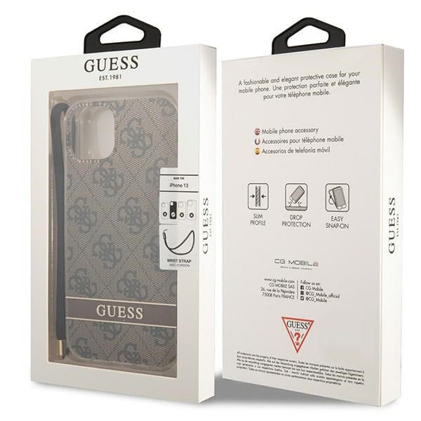 Guess iPhone 14 Plus 4G Print Strap Σκληρή Θήκη με Πλαίσιο Σιλικόνης και Λουράκι - Brown - GUOHCP14MH4STW