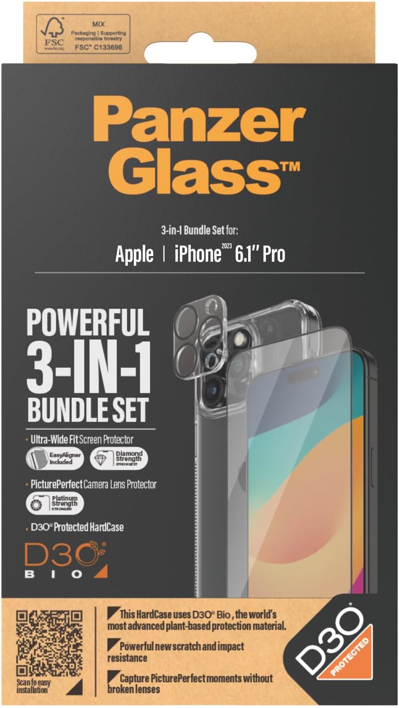 PanzerGlass iPhone 15 Pro - Σετ με 1 Αντιχαρακτικό Γυαλί Οθόνης Ultra - Wide Fit, 1 Αντιχαρακτικό Γυαλί για την Κάμερα και 1 Σκληρή Θήκη - Διάφανο