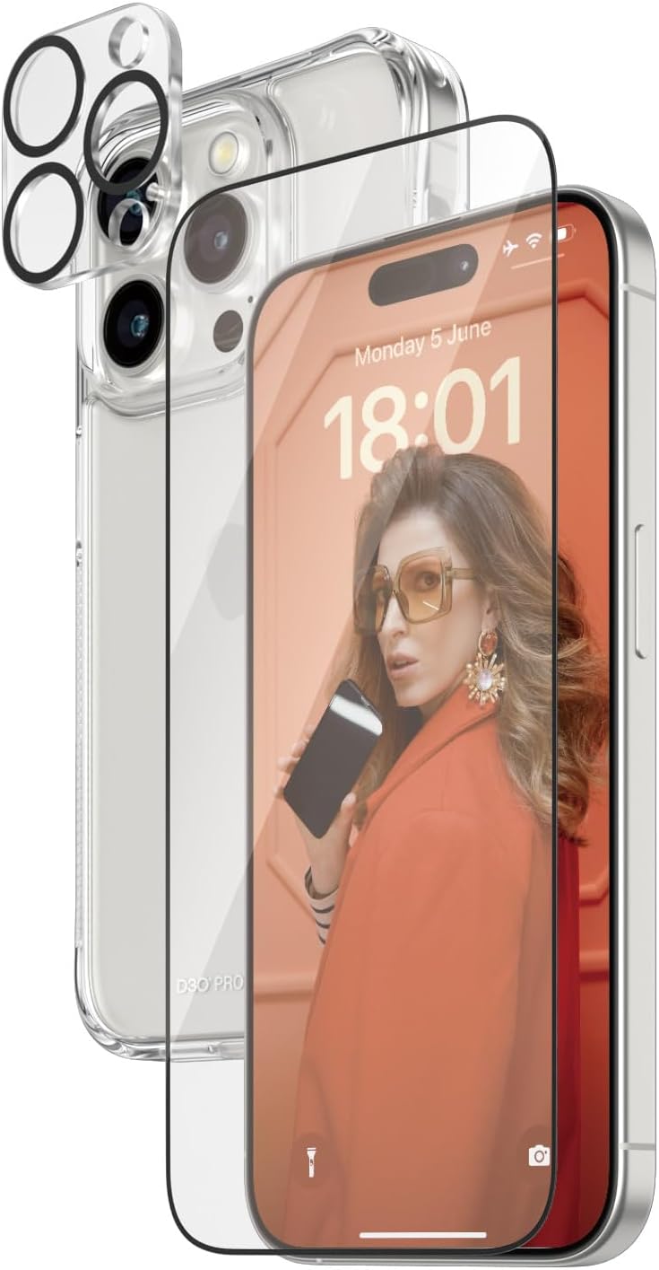 PanzerGlass iPhone 15 Pro - Σετ με 1 Αντιχαρακτικό Γυαλί Οθόνης Ultra - Wide Fit, 1 Αντιχαρακτικό Γυαλί για την Κάμερα και 1 Σκληρή Θήκη - Διάφανο