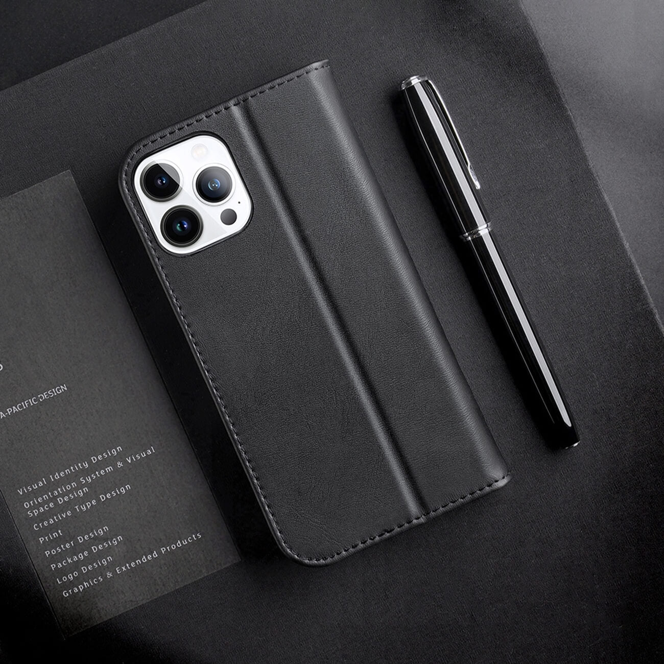 Dux Ducis iPhone 14 Pro Hivo Θήκη Πορτοφόλι Stand από Γνήσιο Δέρμα - Black