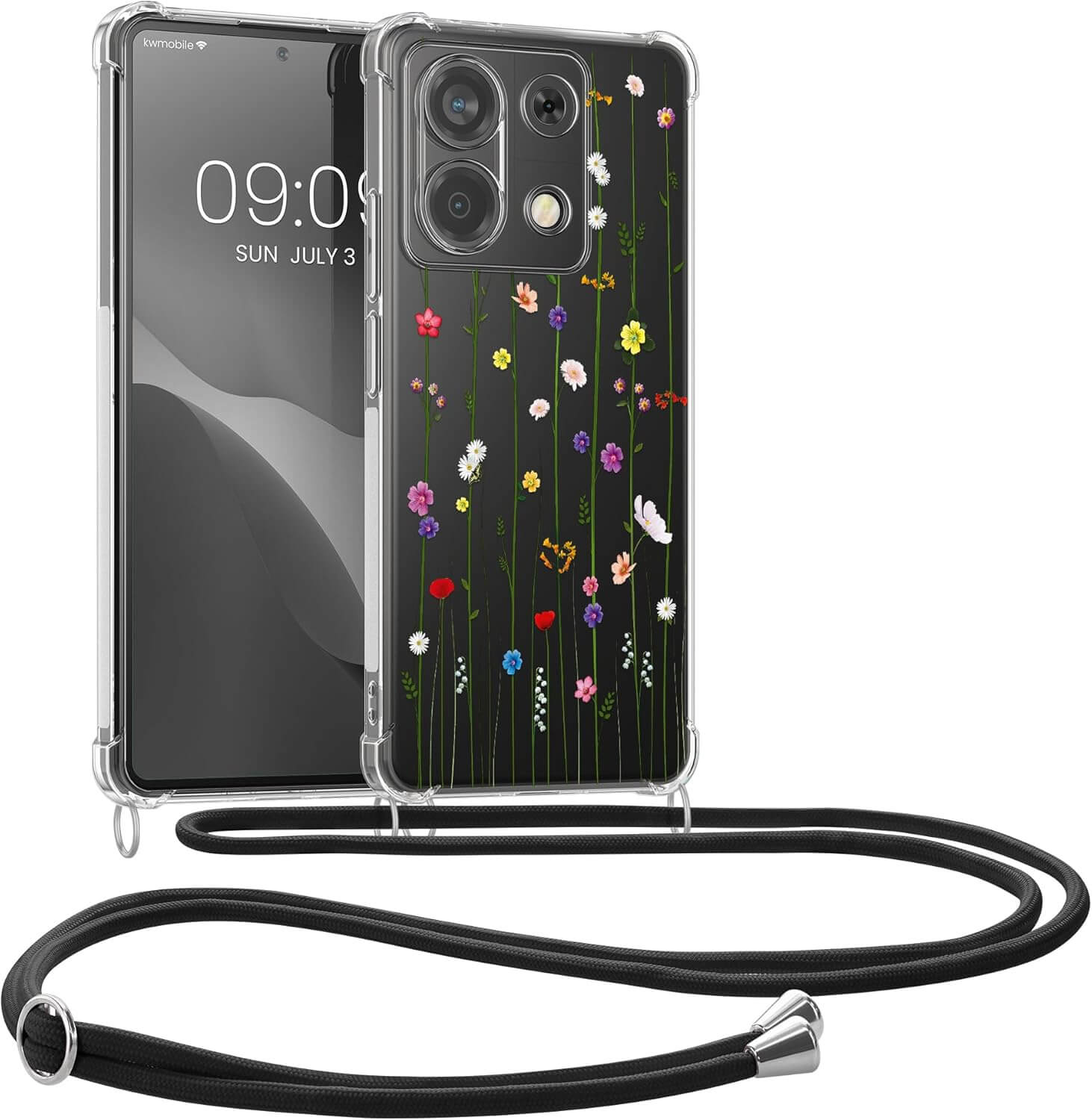KW Xiaomi Redmi Note 13 Pro 5G / Poco X6 5G Θήκη Σιλικόνης TPU με Λουράκι - Design Wild Flowers - Multicolor / Διάφανη