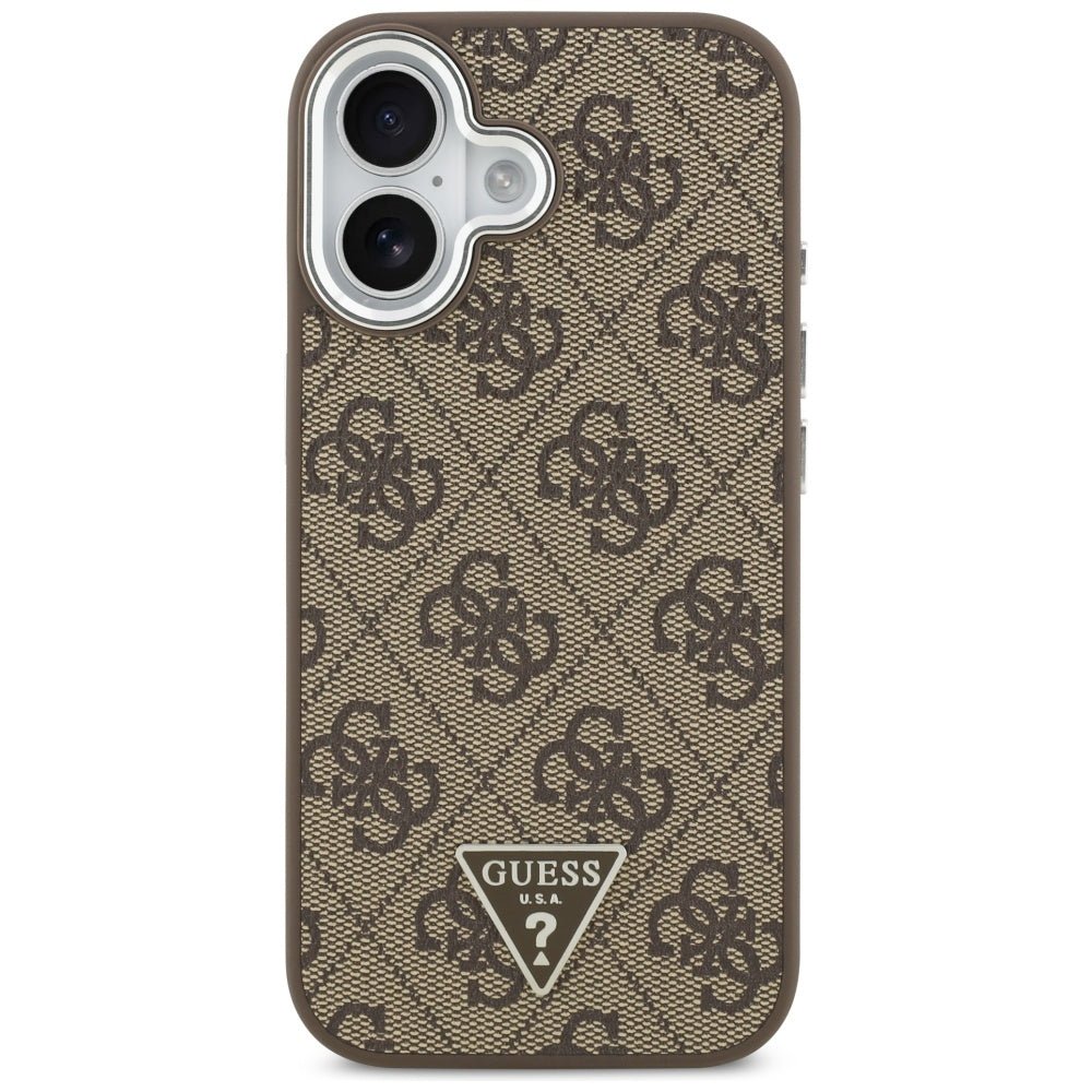 Guess iPhone 17 - 4G Triangle Logo MagSafe - Σκληρή Θήκη με Πλαίσιο Σιλικόνης και Επένδυση Συνθετικού Δέρματος - Brown / Silver - GUHMP17SP4TSRCMW