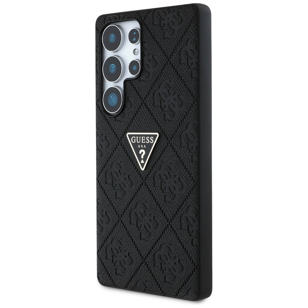 Guess Samsung Galaxy S25 Ultra - Hot Stamp 4G Pattern Triangle Metal Logo - Θήκη με Επένδυση Συνθετικού Δέρματος και Πλαίσιο Σιλικόνης - Black - GUHCS25LPGP4STRK