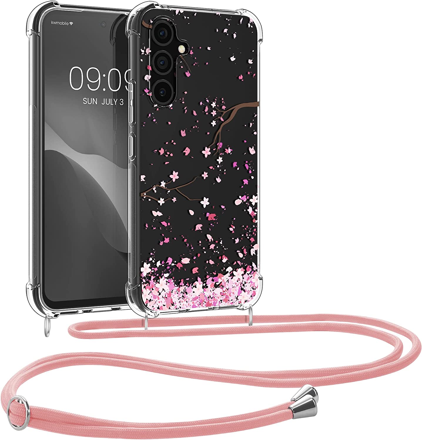 KW Samsung Galaxy A54 5G Θήκη Σιλικόνης TPU με Λουράκι Design Cherry Petals - Pink / Dark Brown / Διάφανη - 60804.01