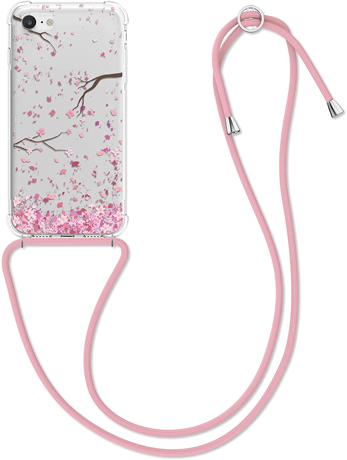 KW iPhone SE 2022 / SE 2020 / 7 / 8 Θήκη Σιλικόνης TPU με Λουράκι Design Cherry Blossoms - Διάφανη / Light Pink / Dark Brown - 48478.12