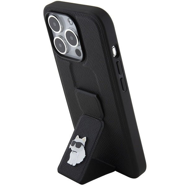 Karl Lagerfeld iPhone 15 Pro Max - Gripstand Saffiano Choupette Pin Σκληρή Θήκη με Επένδυση Συνθετικού Δέρματος και Stand - Black - KLHCP15XGSACHPK