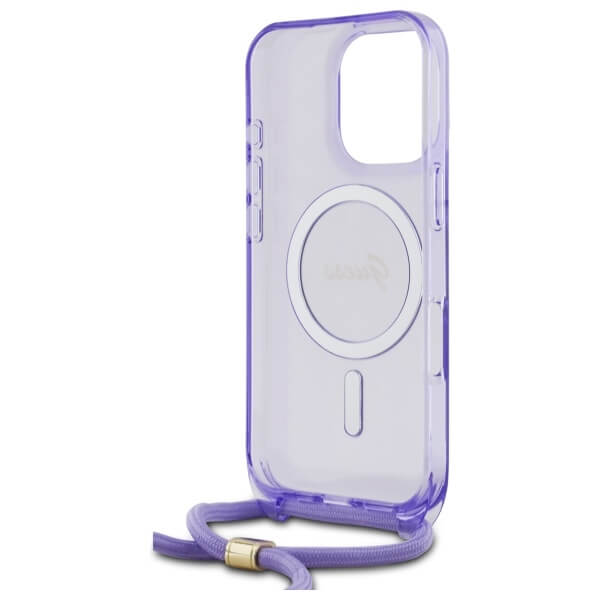Guess iPhone 16 Pro - Crossbody Cord Script MagSafe - Σκληρή Θήκη με Πλαίσιο Σιλικόνης και Λουράκι - Purple - GUHMP16LHCTSGNSU