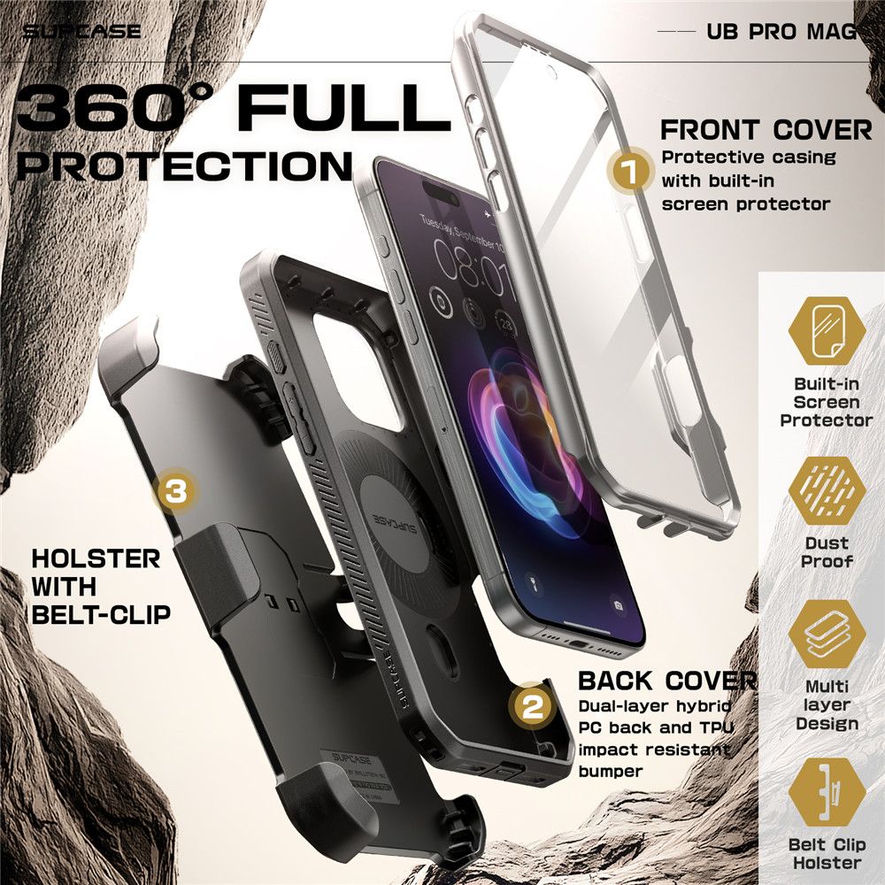 Supcase iPhone 16 Pro - UB Pro Mag Σκληρή Θήκη με Προστασία Οθόνης και Stand με MagSafe - Titan Grey