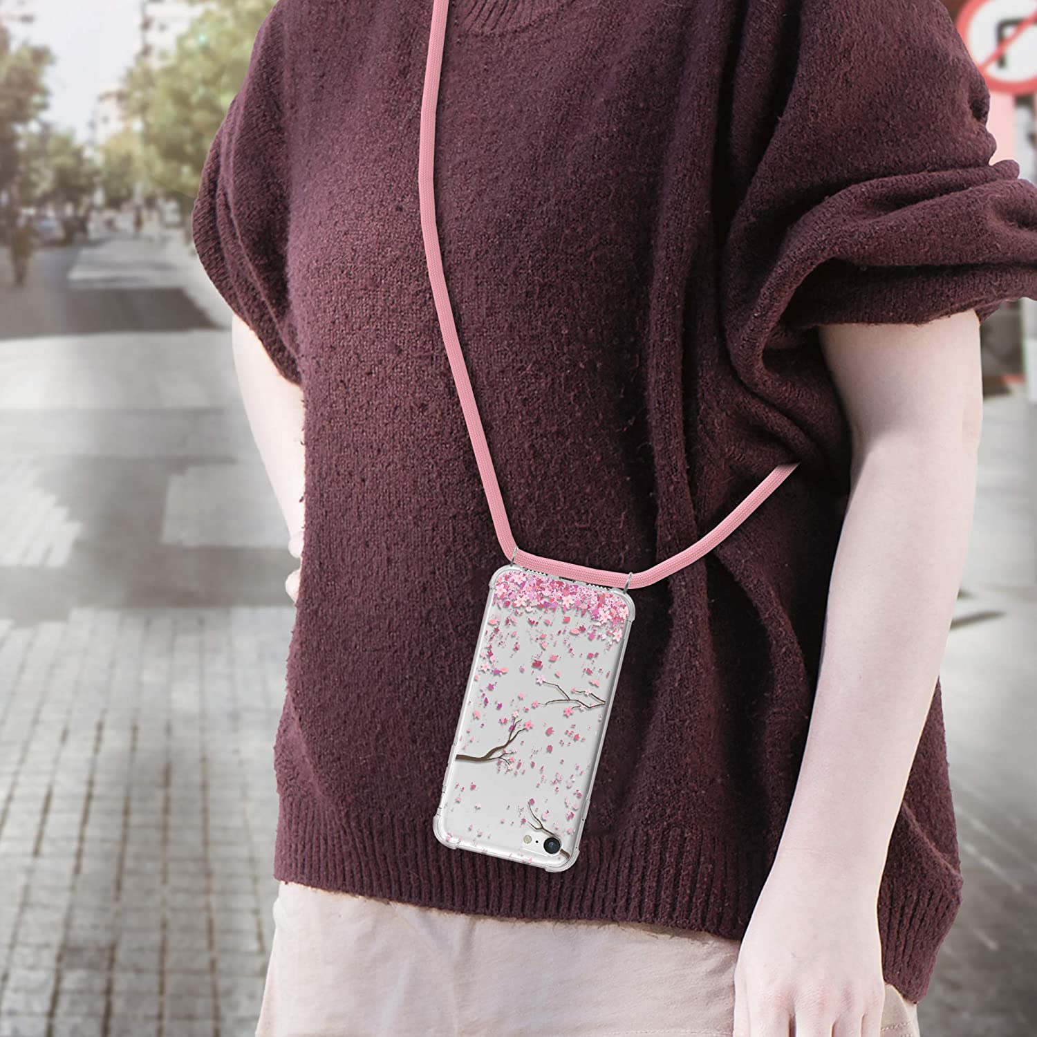 KW iPhone SE 2022 / SE 2020 / 7 / 8 Θήκη Σιλικόνης TPU με Λουράκι Design Cherry Blossoms - Διάφανη / Light Pink / Dark Brown - 48478.12