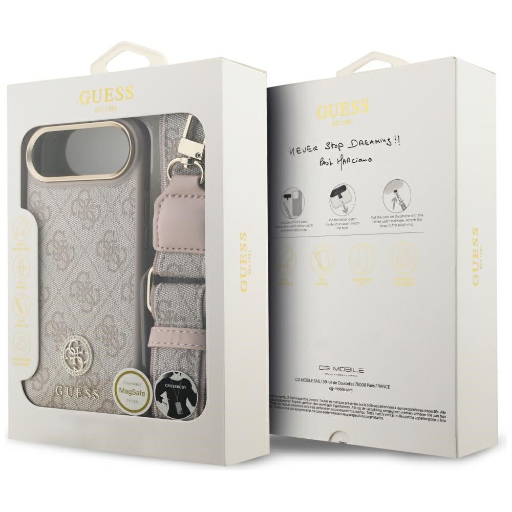 Guess iPhone Air - 4G Strass Logo and Big Strap Metal Buttons MagSafe - Θήκη με Επένδυση Συνθετικού Δέρματος και Λουράκι - Pink - GUHMP17MP4G4DCSP