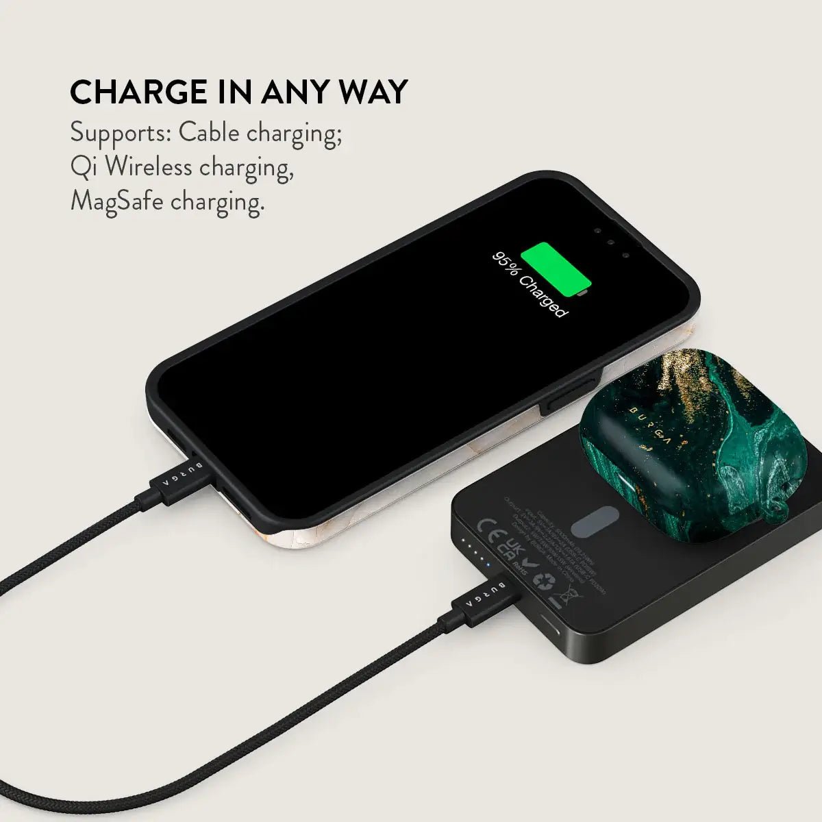 Burga Μαγνητικό Ασύρματο MagSafe PowerBank 5000mAh με Καλώδιο Type - C to Type - C - Gunmetal - Emerald Pool