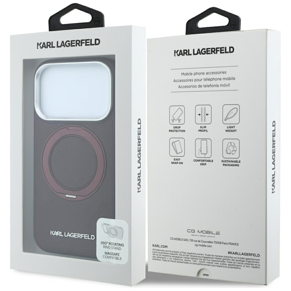 Karl Lagerfeld iPhone 18 Pro Max / iPhone 17 Pro Max - Σκληρή Θήκη με Δαχτυλίδι Συγκράτησης MagSafe - Ring Stand 360 Saffiano - Burgundy