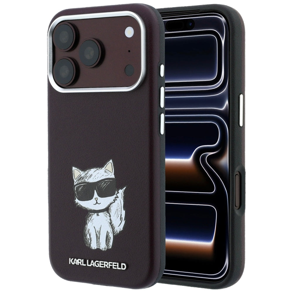 Karl Lagerfeld iPhone 17 Pro / iPhone 18 Pro - Σκληρή Θήκη με Επένδυση Συνθετικού Δέρματος και Πλαίσιο Σιλικόνης - Smooth Choupette Sketch MagSafe - Burgundy