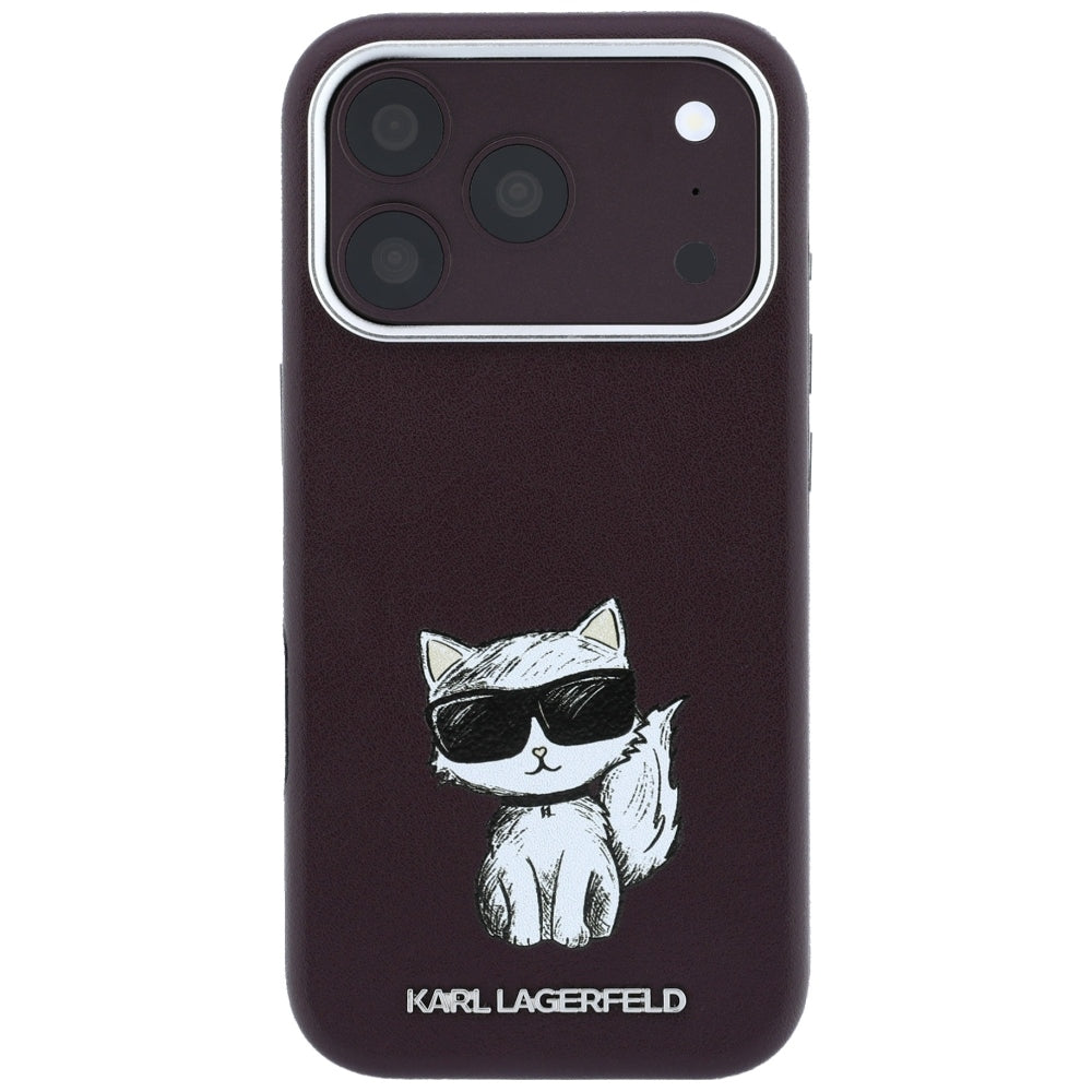 Karl Lagerfeld iPhone 17 Pro / iPhone 18 Pro - Σκληρή Θήκη με Επένδυση Συνθετικού Δέρματος και Πλαίσιο Σιλικόνης - Smooth Choupette Sketch MagSafe - Burgundy