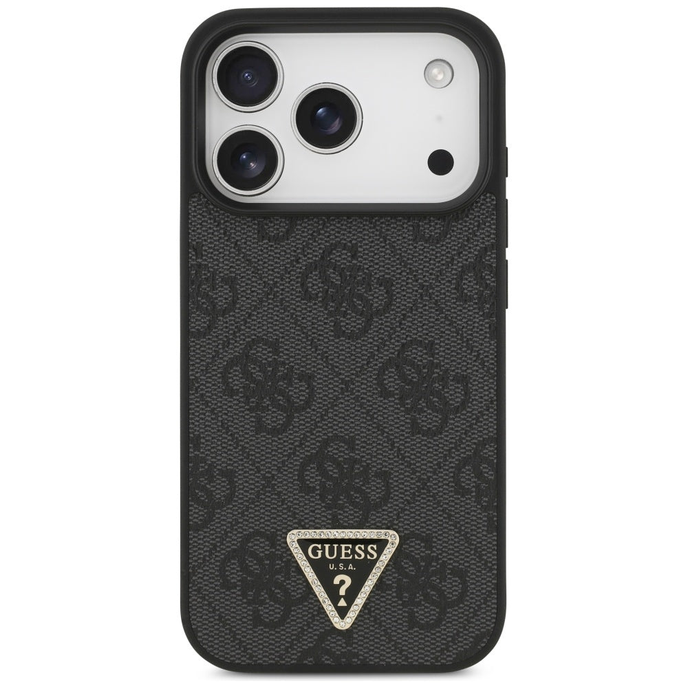 Guess iPhone 17 Pro - 4G Triangle Strass MagSafe - Σκληρή Θήκη με Επένδυση Συνθετικού Δέρματος - Black - GUHMP17LP4TDPLK