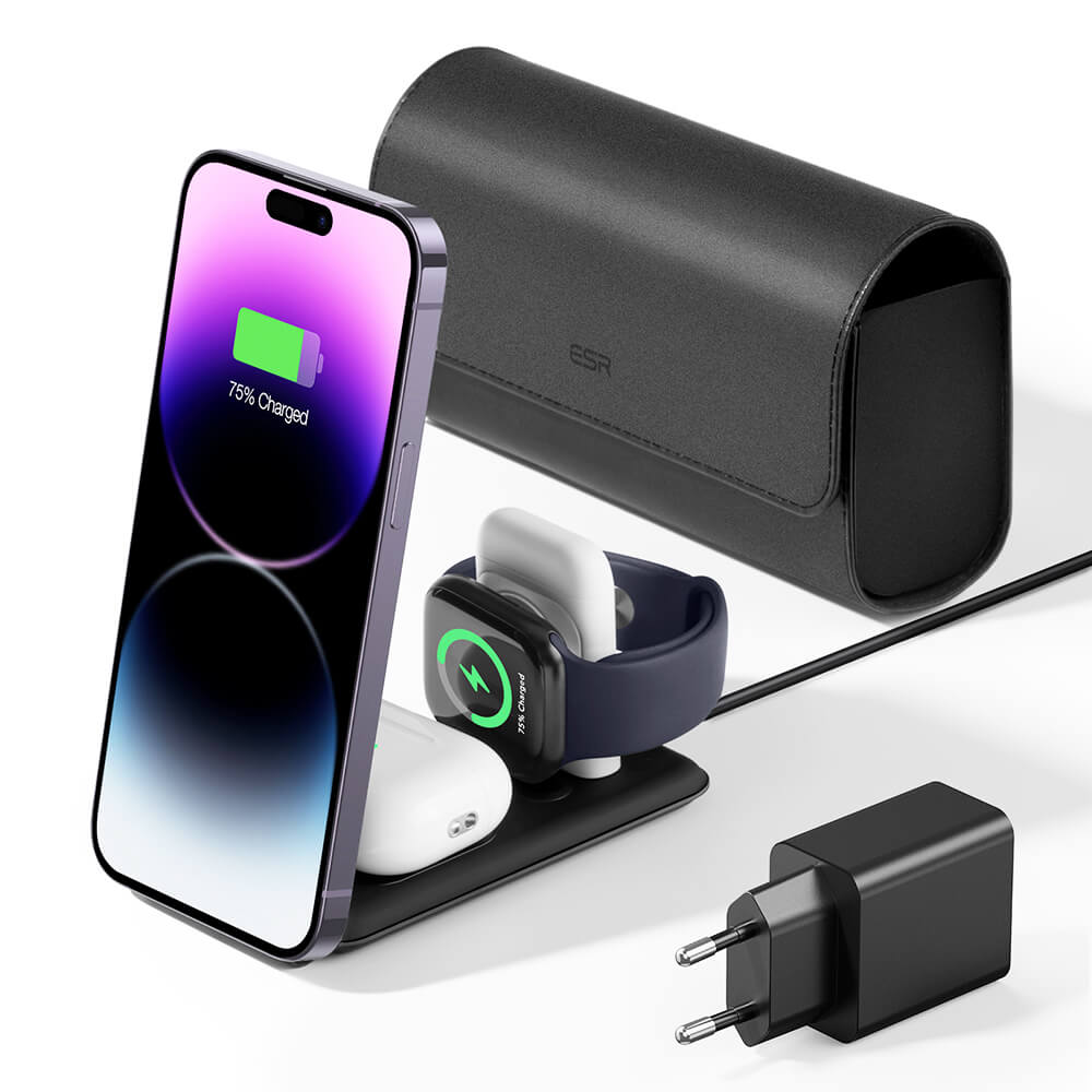 ESR Premium 3in1 Travel Ασύρματος Μαγνητικός Φορτιστής MagSafe 15W με Τσάντα Μεταφοράς - Black