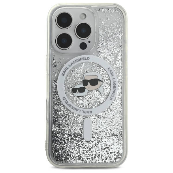 Karl Lagerfeld iPhone 16 Pro - Liquid Glitter Karl and Choupette Head MagSafe - Σκληρή Θήκη με Πλαίσιο Σιλικόνης - Διάφανη - KLHMP16LLGKCSGH